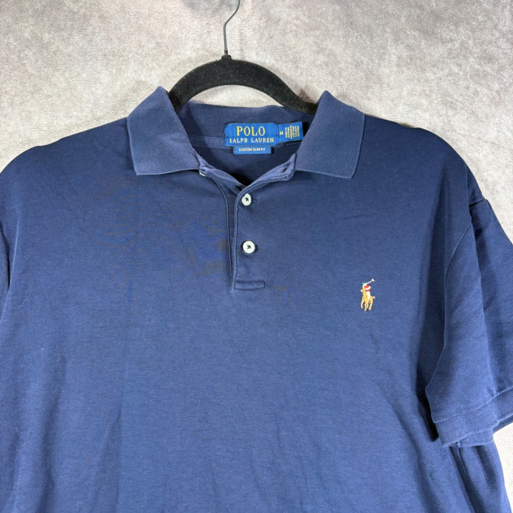 Polo Ralph Lauren Polo Shirt Men M Navy Blue Custom Slim Fit Cotton Short Sleeve